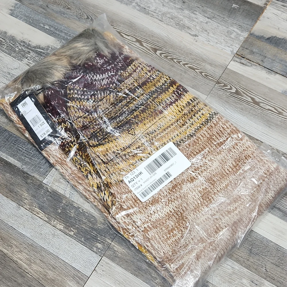 Frye Camel Multi Marl Knit Faux Fur Pom Pom Scarf - Picture 3 of 4